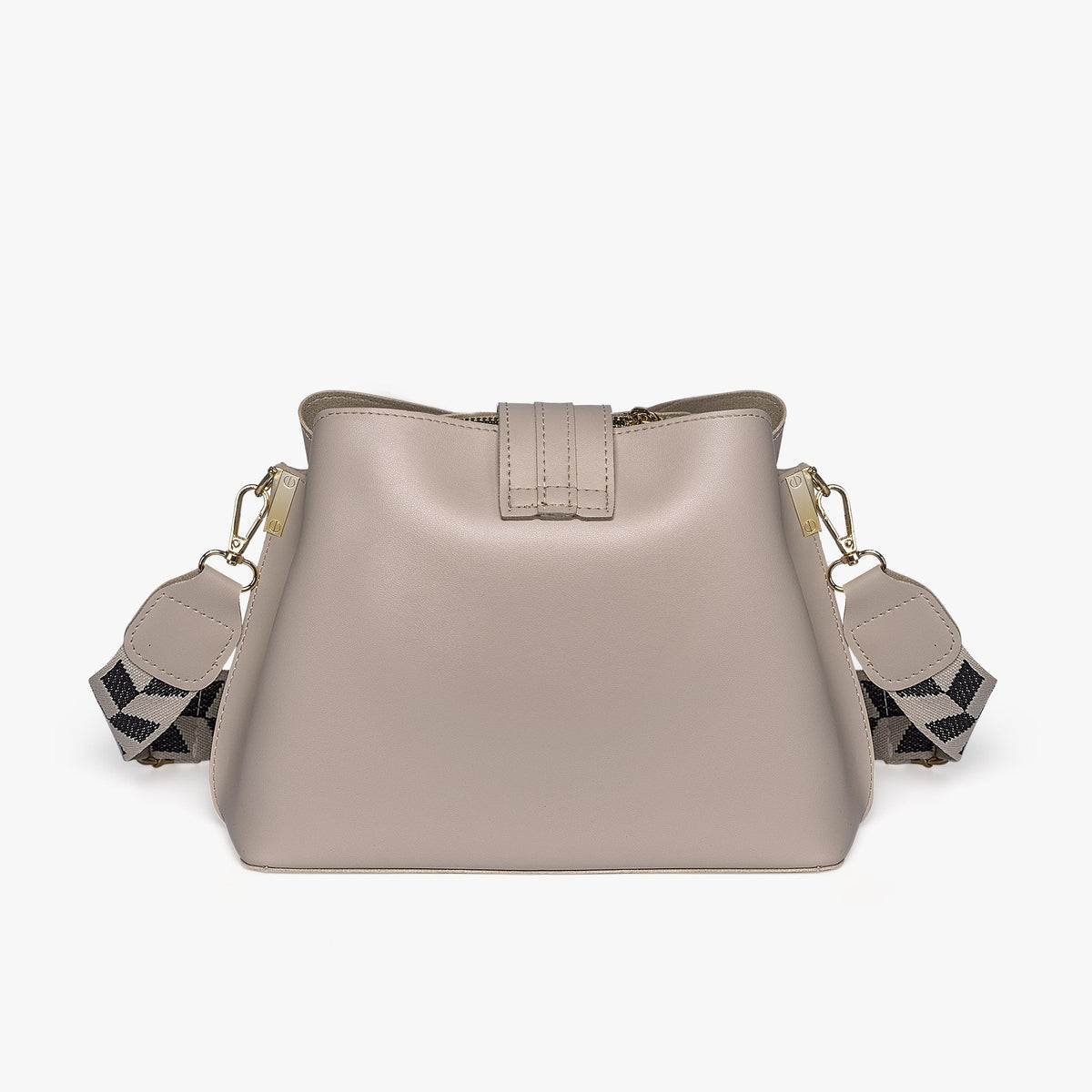 Black Leather Crossbody Bag with Gold Hardware and Check Strap