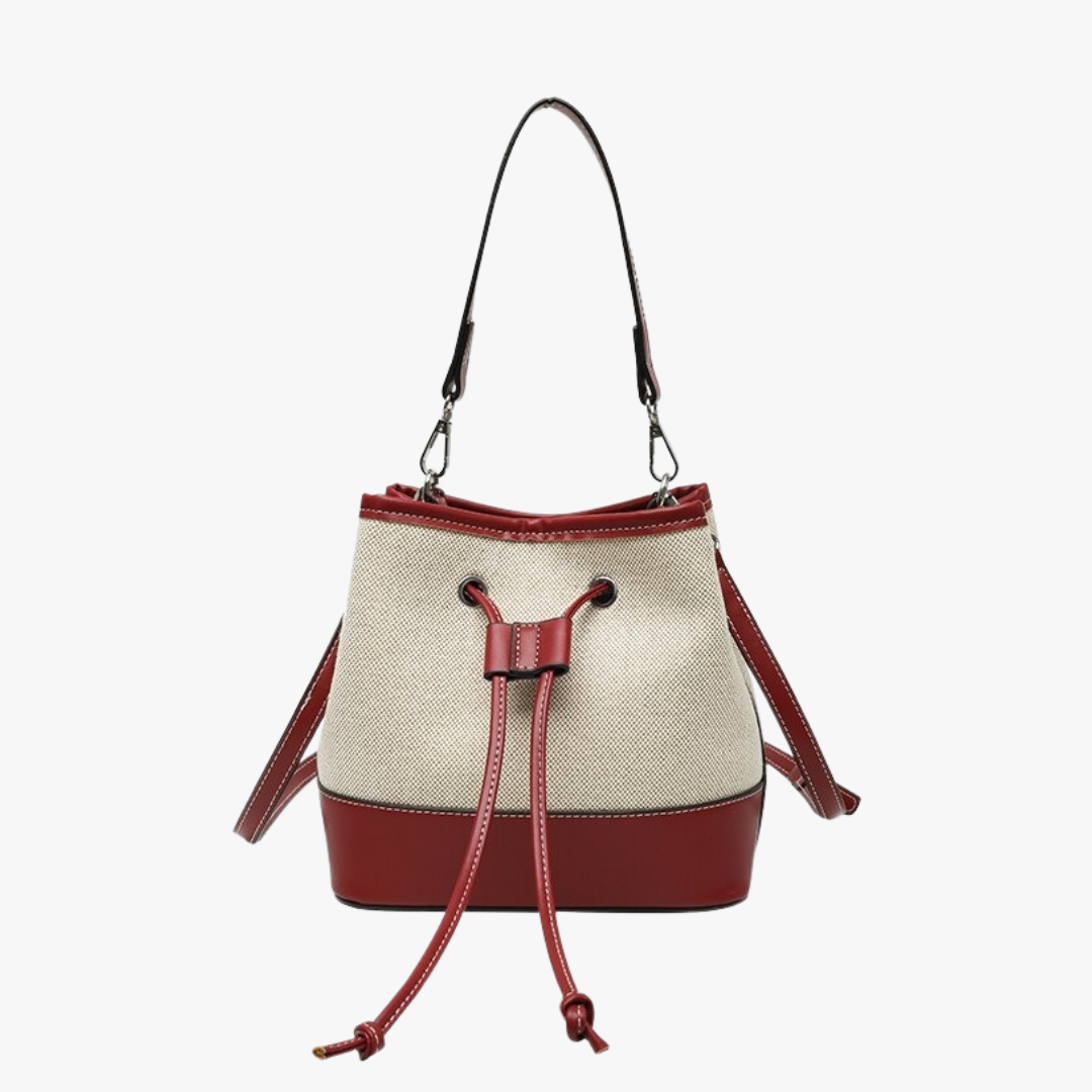 Canvas Bucket Bag with Leather Trim and Drawstring Closure