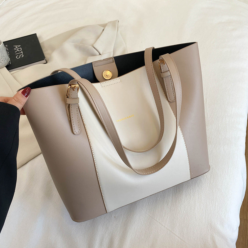 Large Leather Tote Bag with Colour Block Panel and Gold Hardware