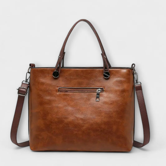 Large Leather Tote Bag with Front Pockets and Detachable Strap