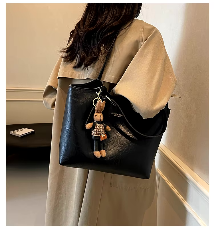 Large Leather Tote Bag with Rabbit Charm