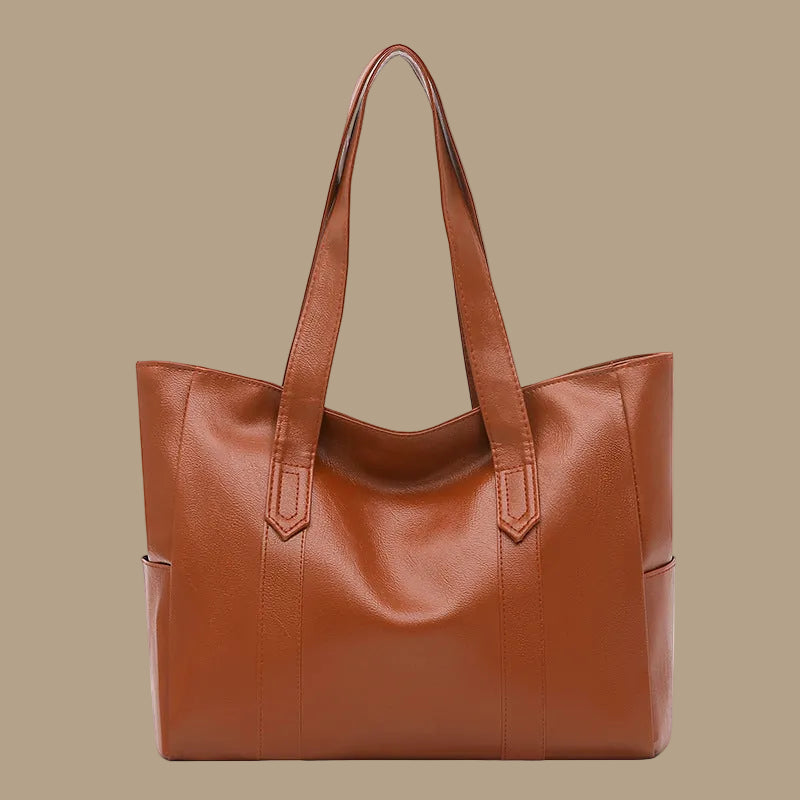 Large Leather Tote Bag with Side Pockets and Shoulder Straps