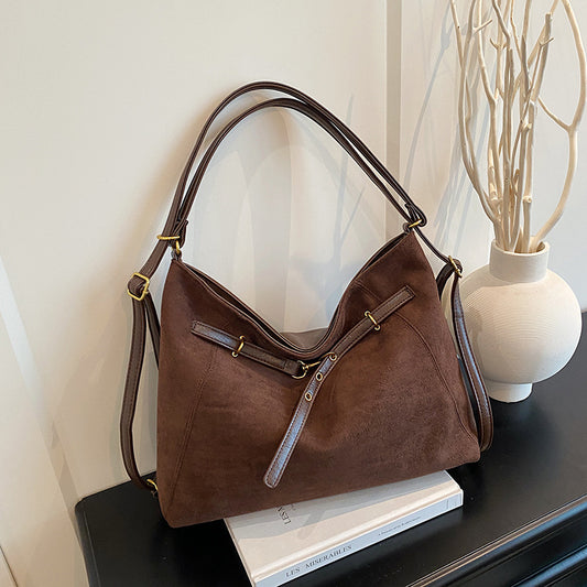 Large Suede Shoulder Bag with Gold Hardware and Adjustable Strap