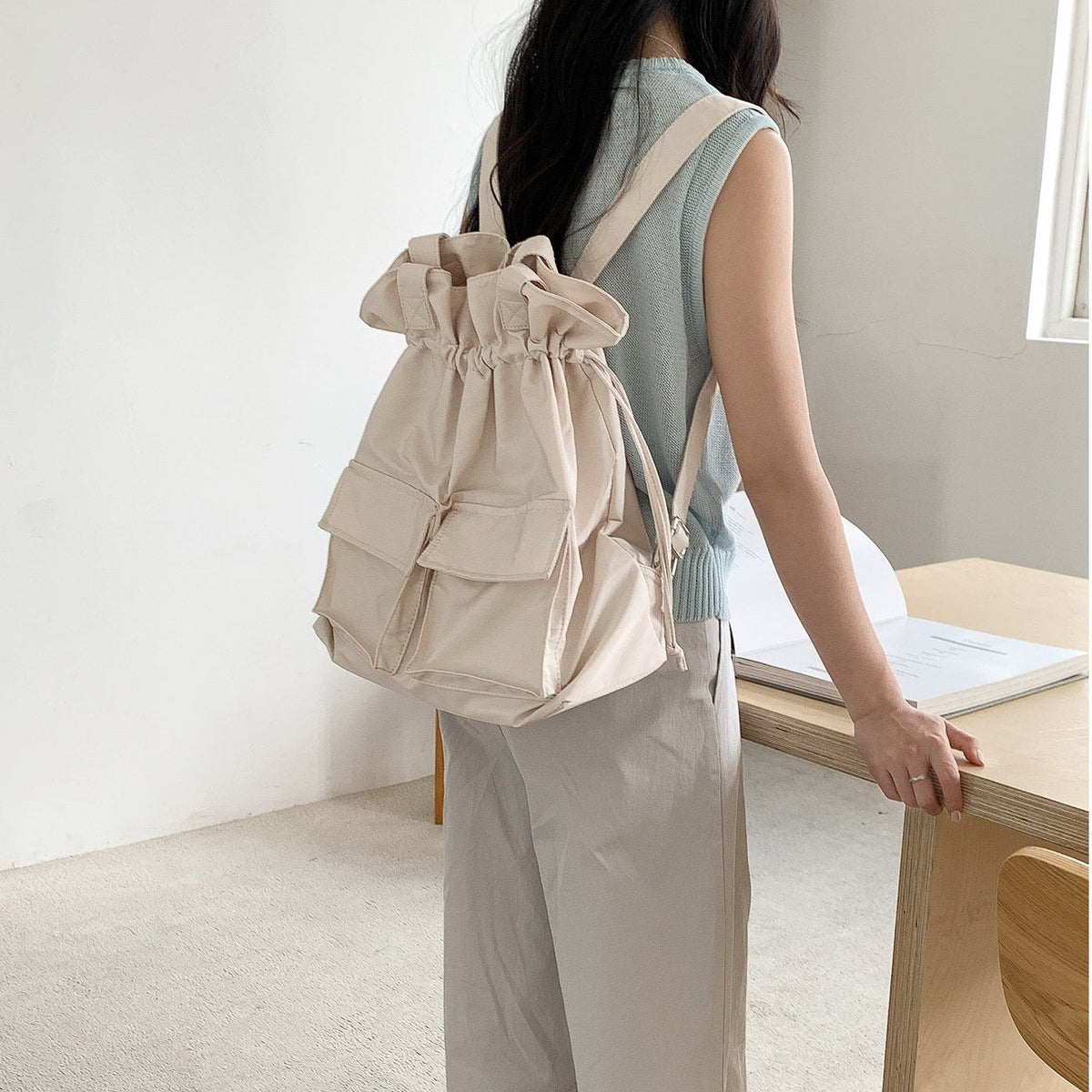 Large Tote Bag with Drawstring Top and Cargo Pockets