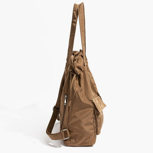 Large Tote Bag with Drawstring Top and Cargo Pockets