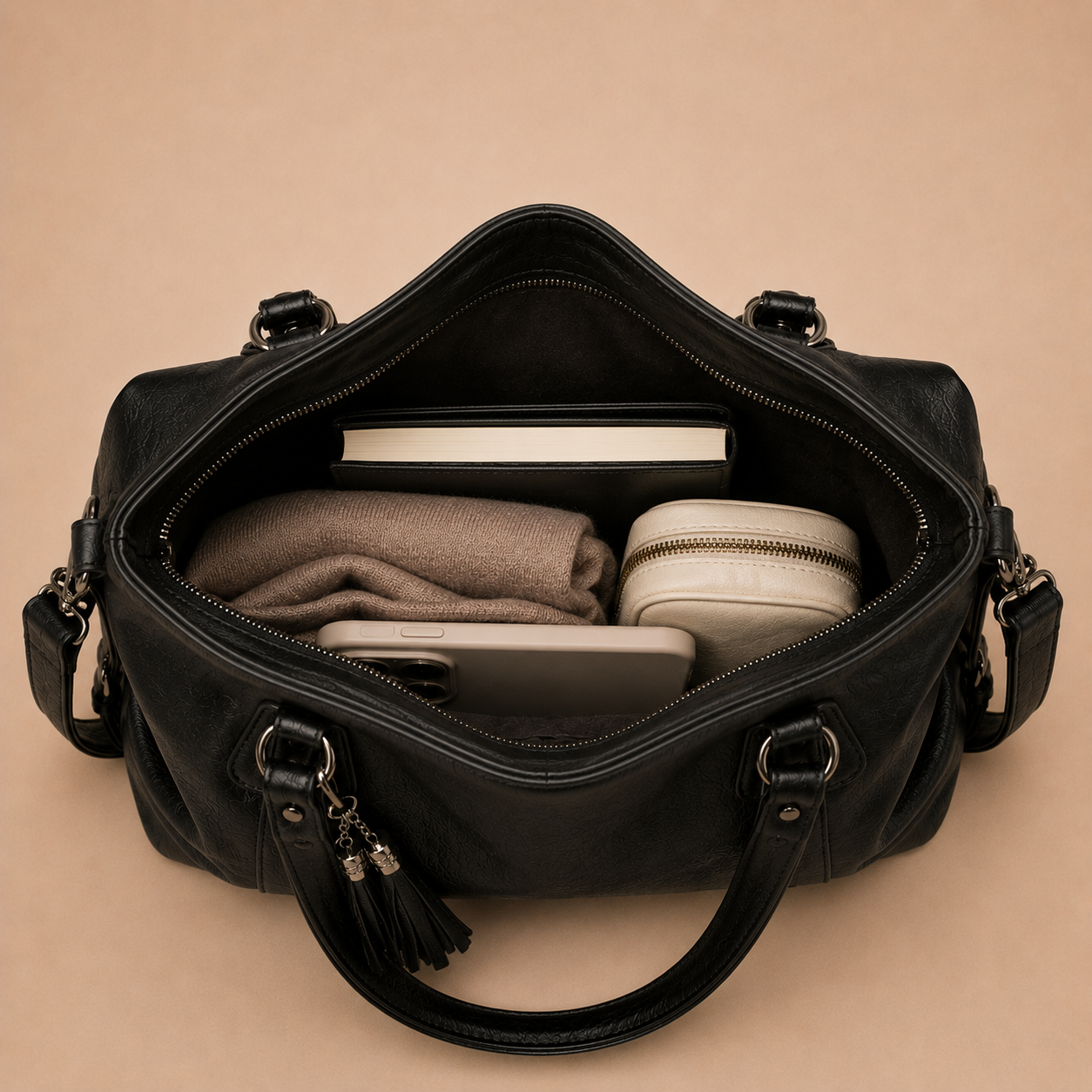 Large Leather Tote Bag with Tassel Charm