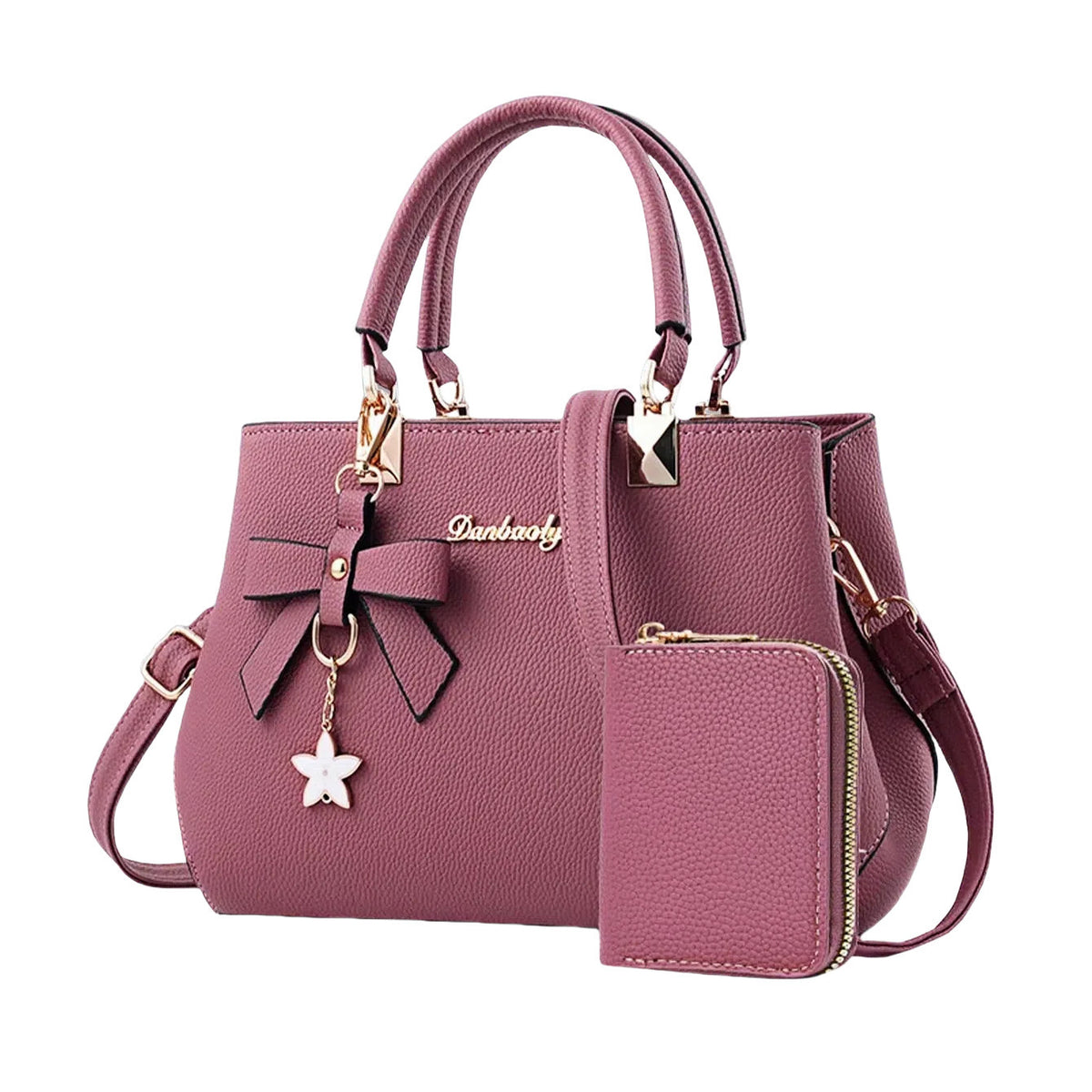 Leather Shoulder Bag with Bow Charm and Matching Wallet