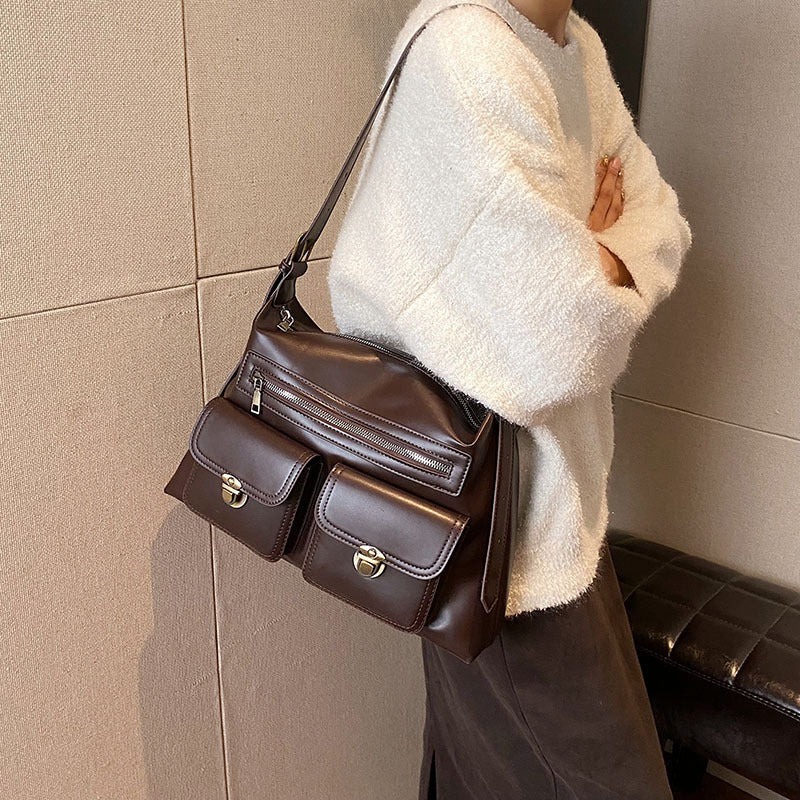 Leather Shoulder Bag with Double Pocket and Gold Hardware