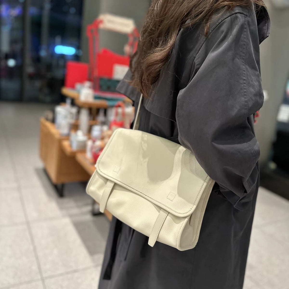 Leather Shoulder Bag with Fold-Over Flap and Strap Detail