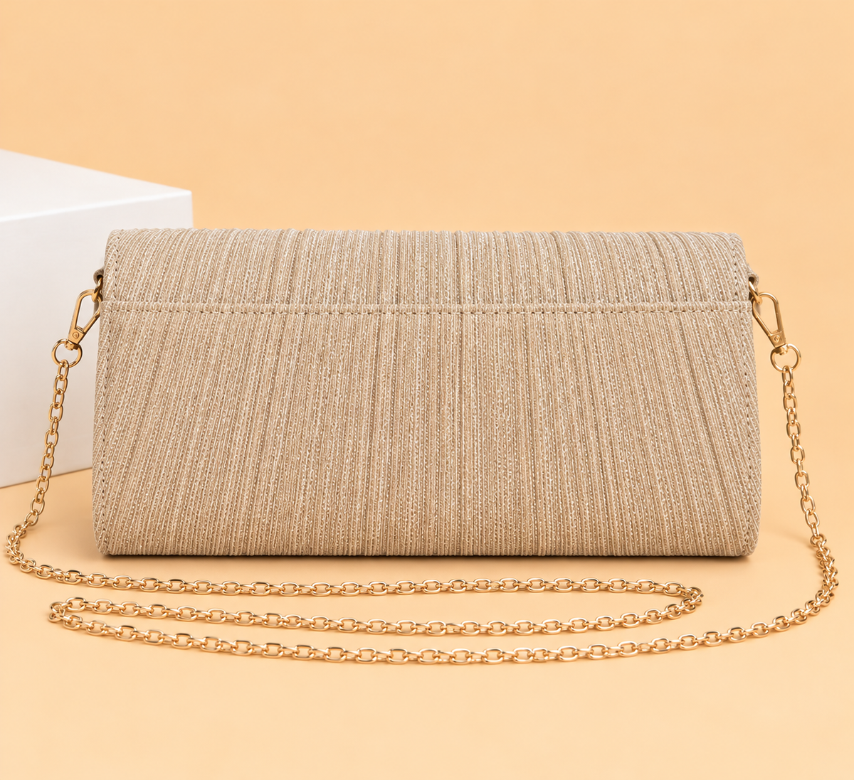 Pleated Glitter Clutch Bag with Gold Bar Clasp