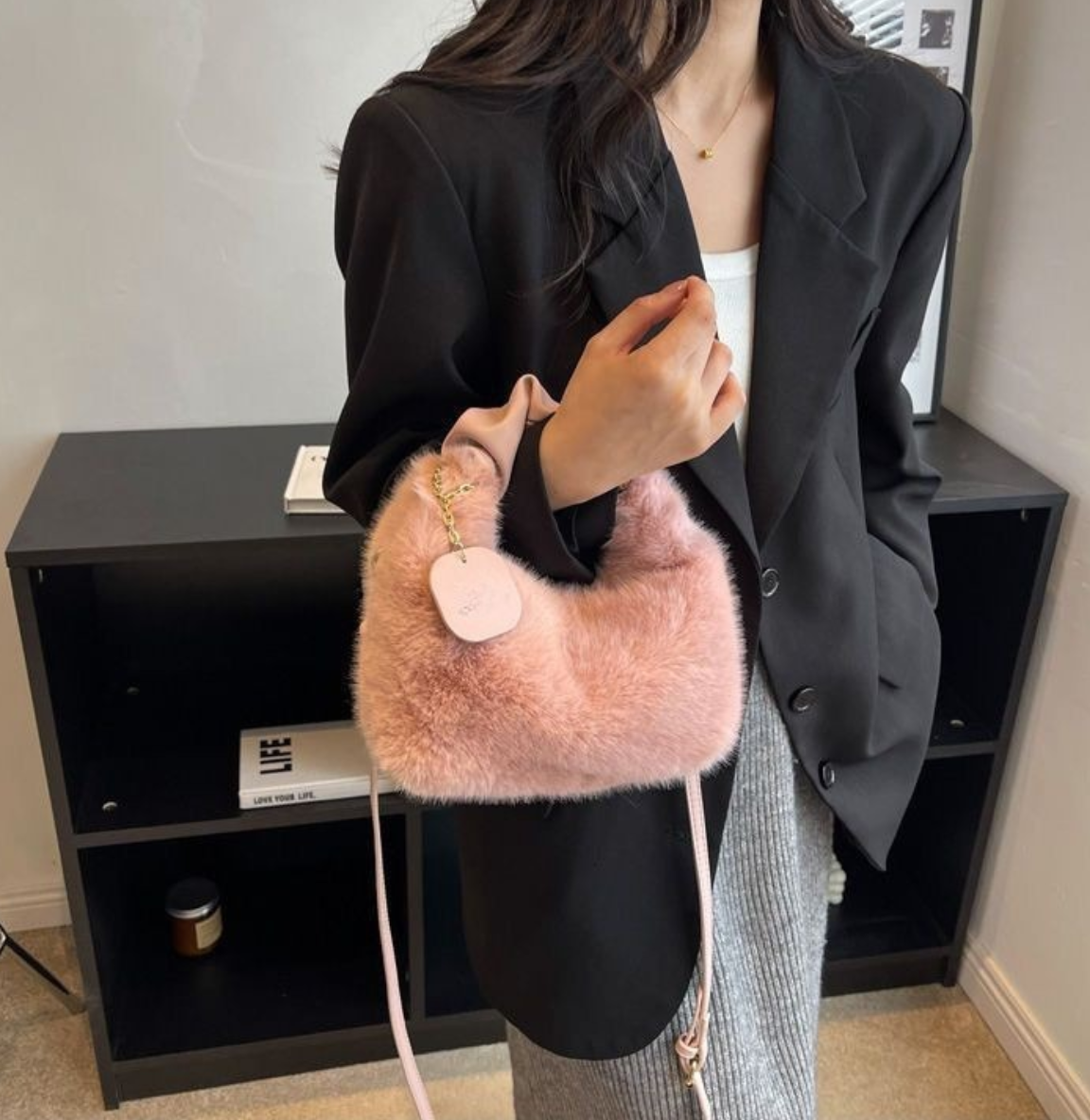 Plush Fluffy Shoulder Bag with Gold Hardware and Chain Charm
