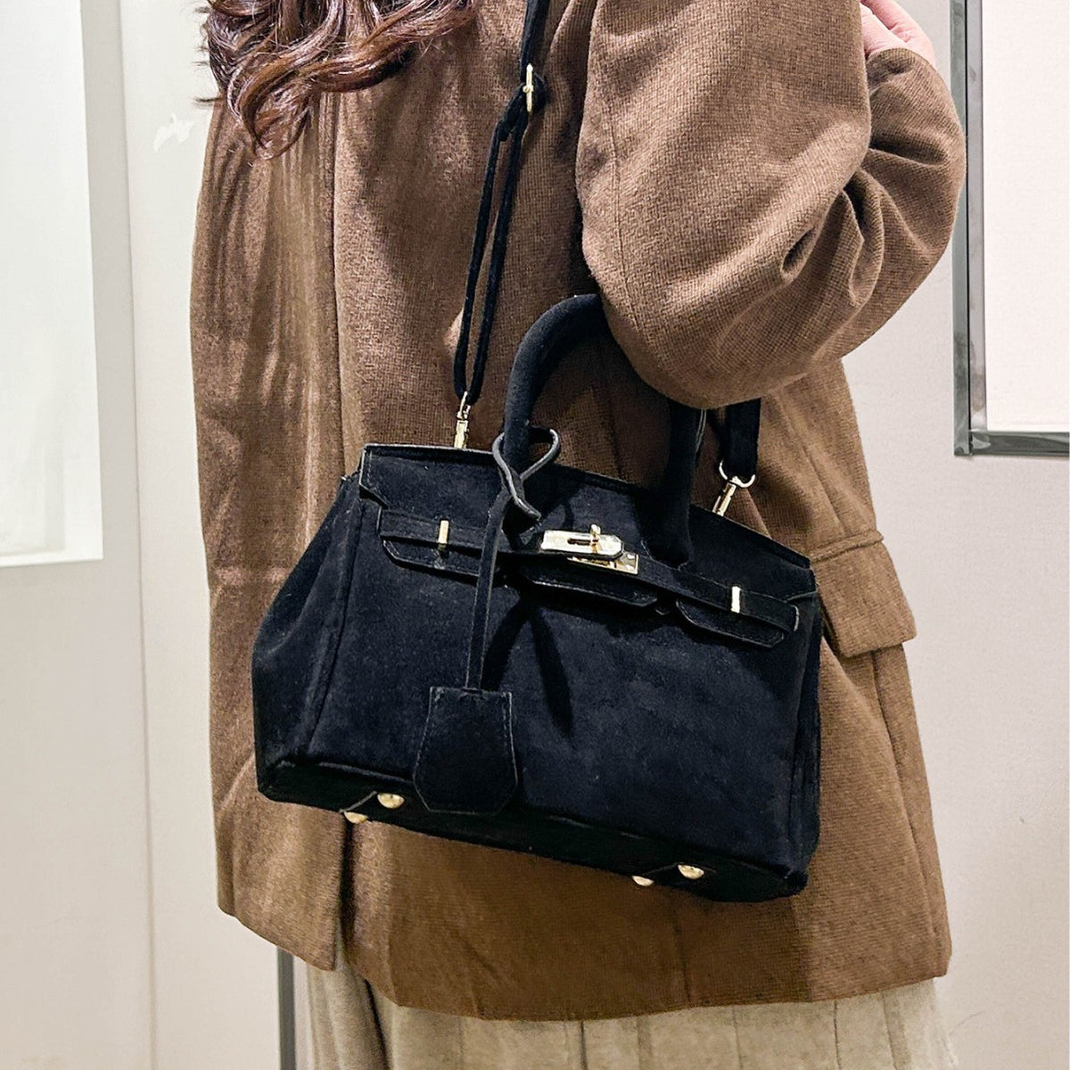 Polished Suede Leather Shoulder Bag with Gold Hardware