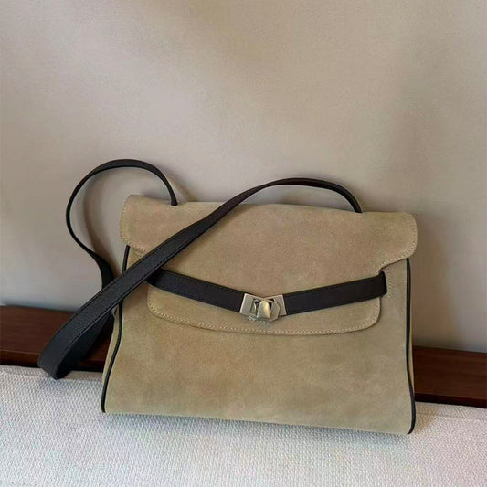 Refined Suede Shoulder Bag with Turn-Lock Closure and Contrast Strap