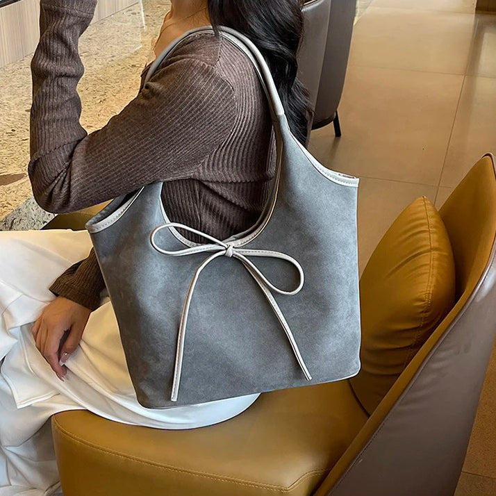 Relaxed Suede Shoulder Bag with Bow Detail