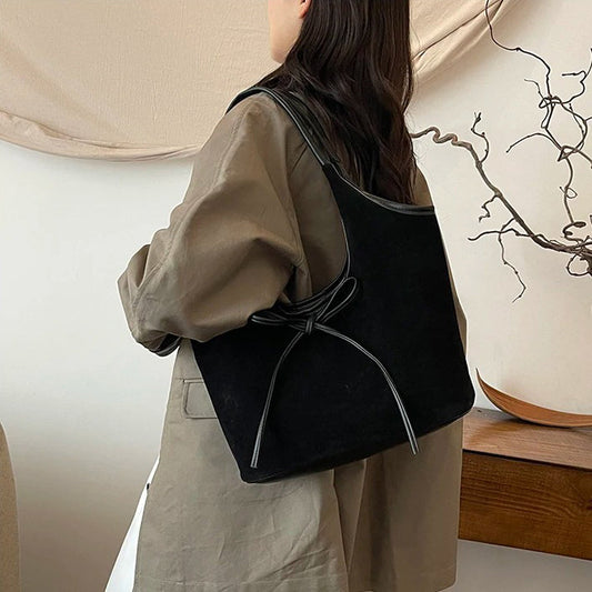 Relaxed Suede Shoulder Bag with Bow Detail
