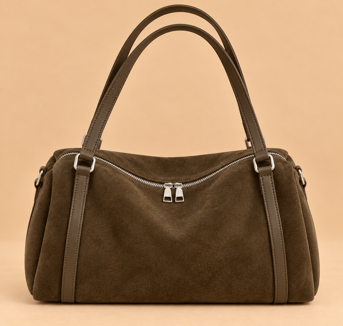 Retro Suede Shoulder Bag with Zip Top and Contrast Trim