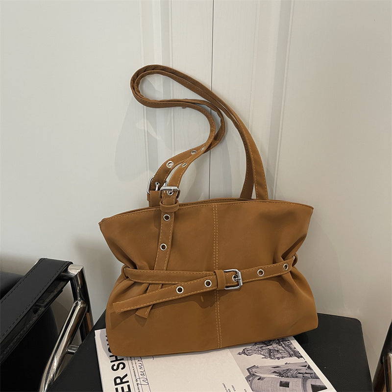 Slouchy Leather Shoulder Bag with Belt Buckle and Silver Hardware