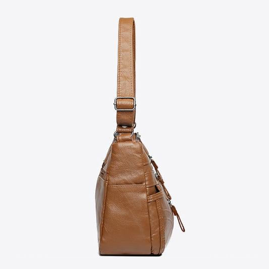 Soft Leather Shoulder Bag with Multiple Zip Pockets