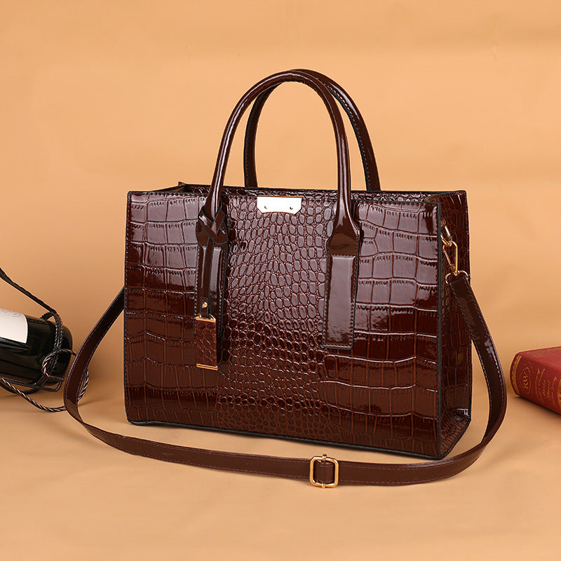 Structured Leather Tote Bag with Crocodile Print and Gold Hardware