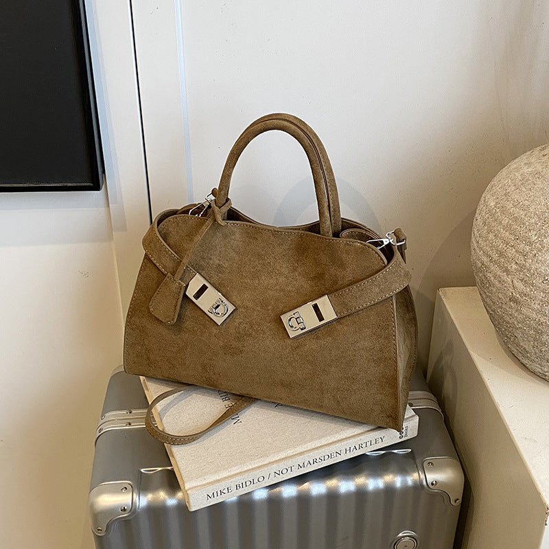Structured Suede Shoulder Bag with Silver Turn-Lock Closure