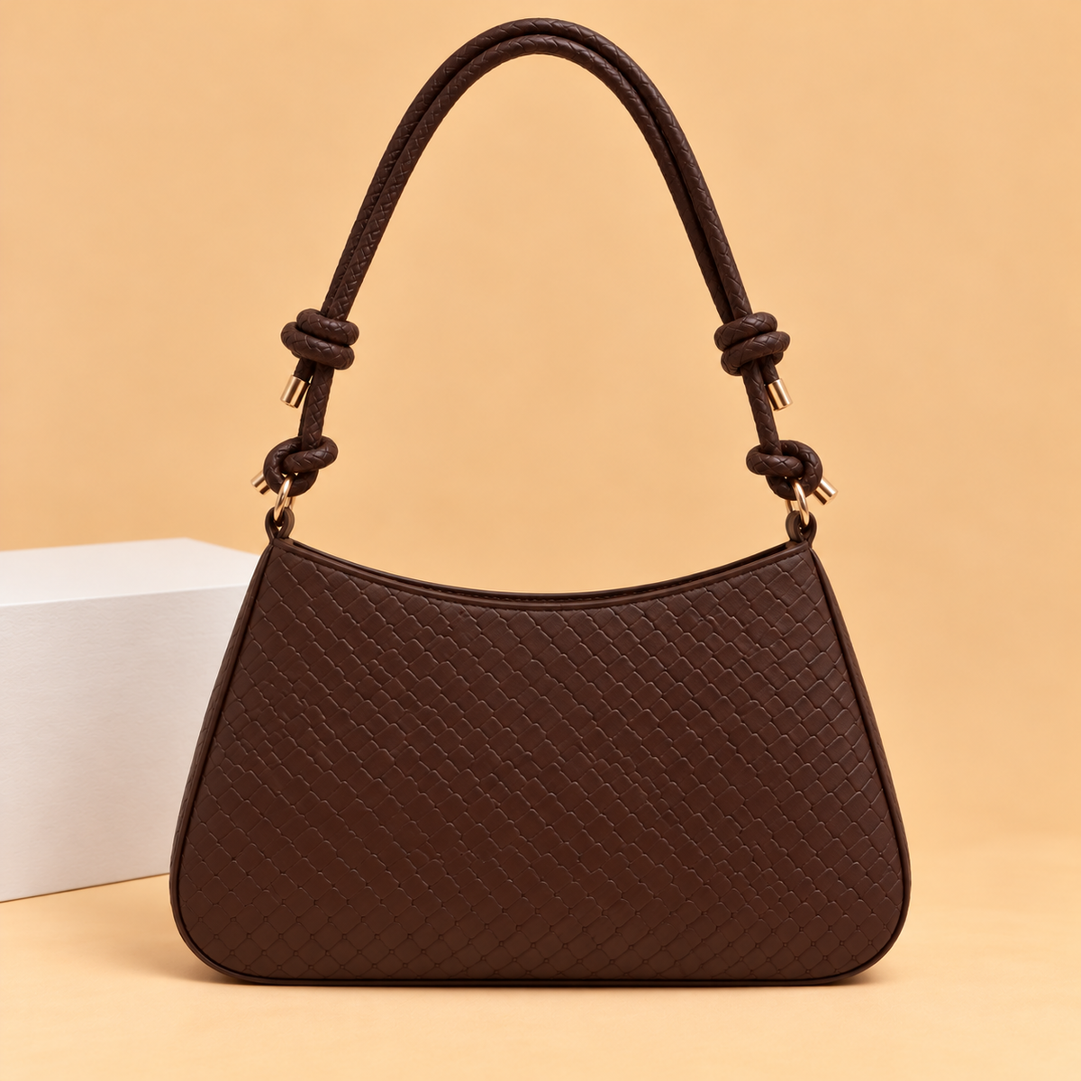 Woven Leather Shoulder Bag with Knotted Strap and Gold Hardware