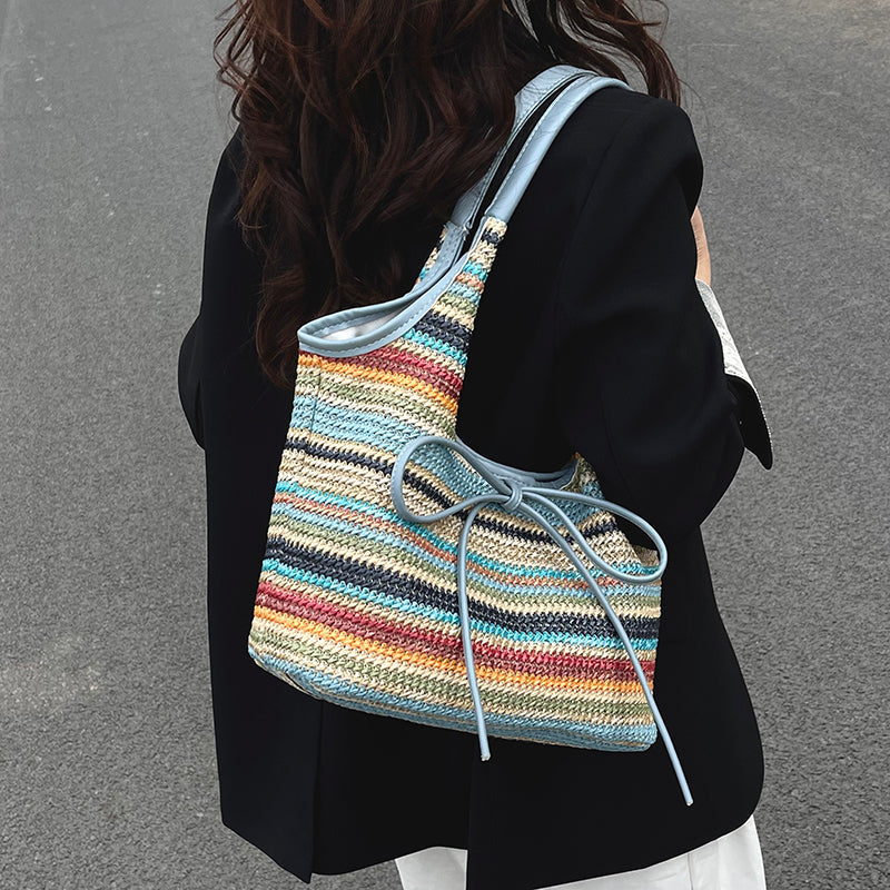 Woven Straw Shoulder Bag with Bow Detail