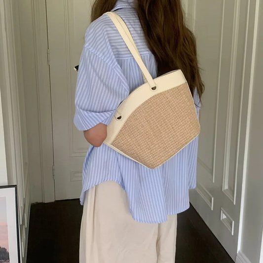 Woven Straw Tote Bag with Leather Trim and Shoulder Straps