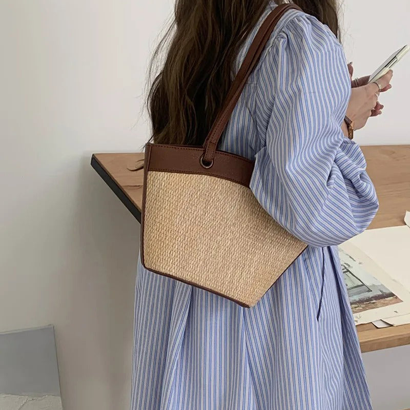 Woven Straw Tote Bag with Leather Trim and Shoulder Straps