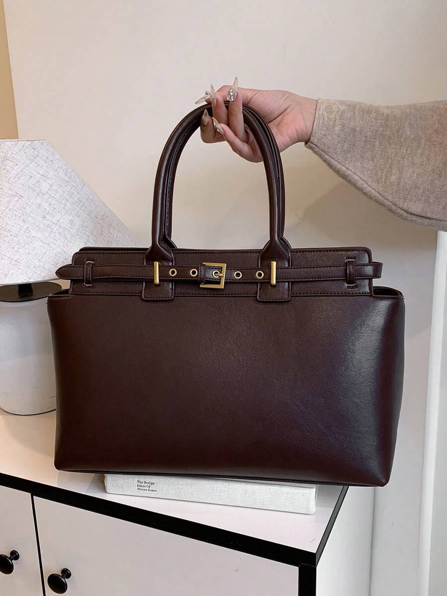 Chocolate Brown Leather Tote Bag with Gold Buckle Strap