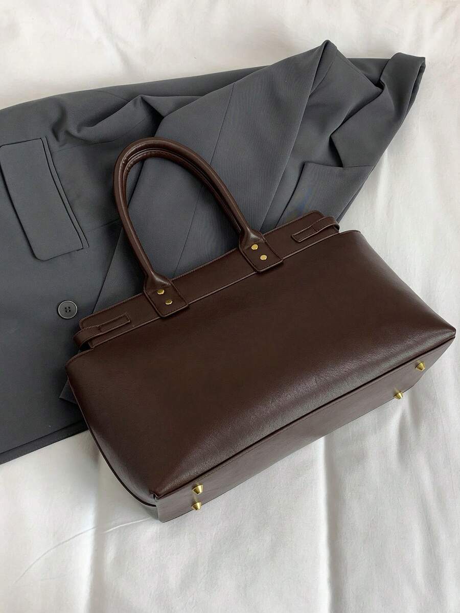Chocolate Brown Leather Tote Bag with Gold Buckle Strap