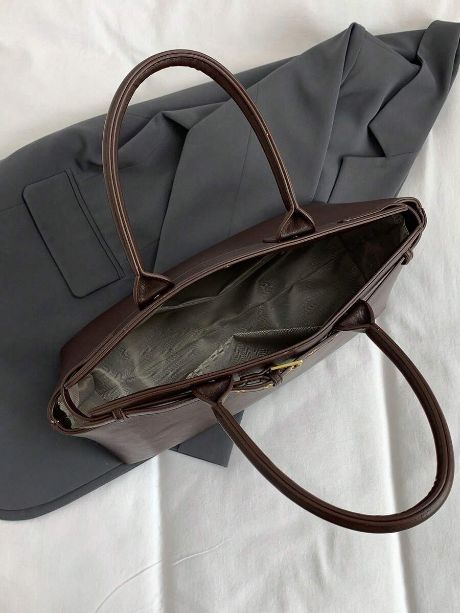 Chocolate Brown Leather Tote Bag with Gold Buckle Strap