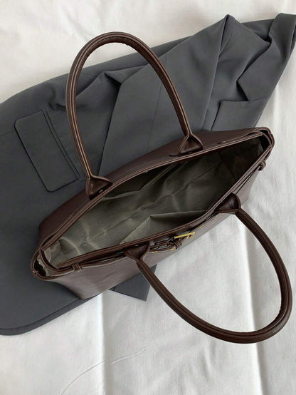 Chocolate Brown Leather Tote Bag with Gold Buckle Strap