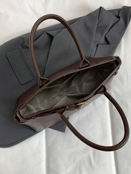 Chocolate Brown Leather Tote Bag with Gold Buckle Strap