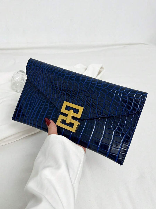 Navy Blue Croc Print Clutch Bag with Gold Hardware