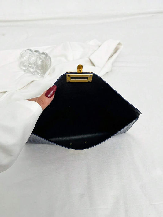 Navy Blue Croc Print Clutch Bag with Gold Hardware