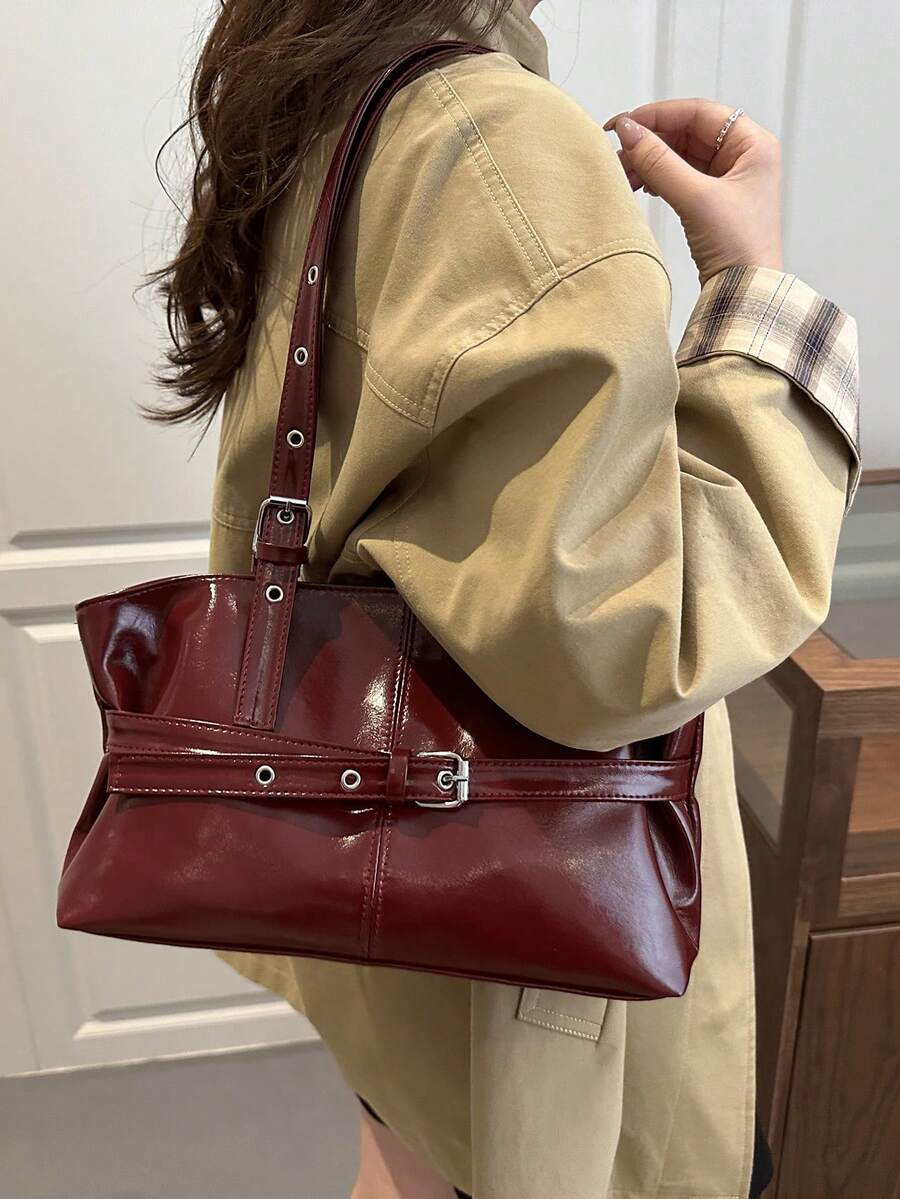 Burgundy Leather Shoulder Bag with Silver Buckle Strap