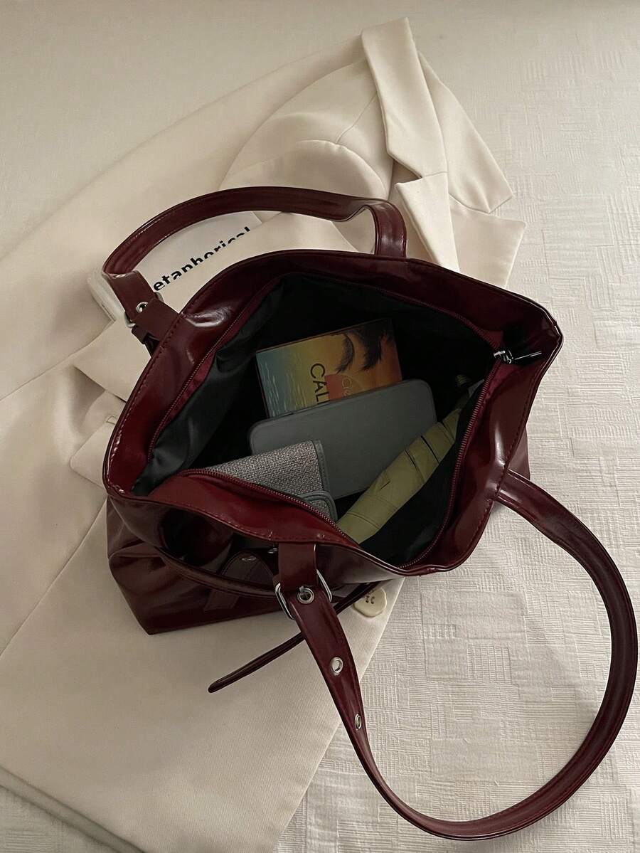 Burgundy Leather Shoulder Bag with Silver Buckle Strap