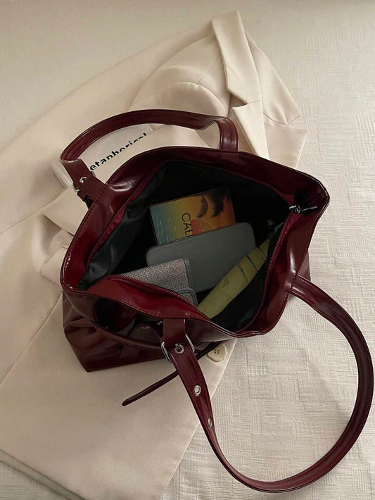 Burgundy Leather Shoulder Bag with Silver Buckle Strap