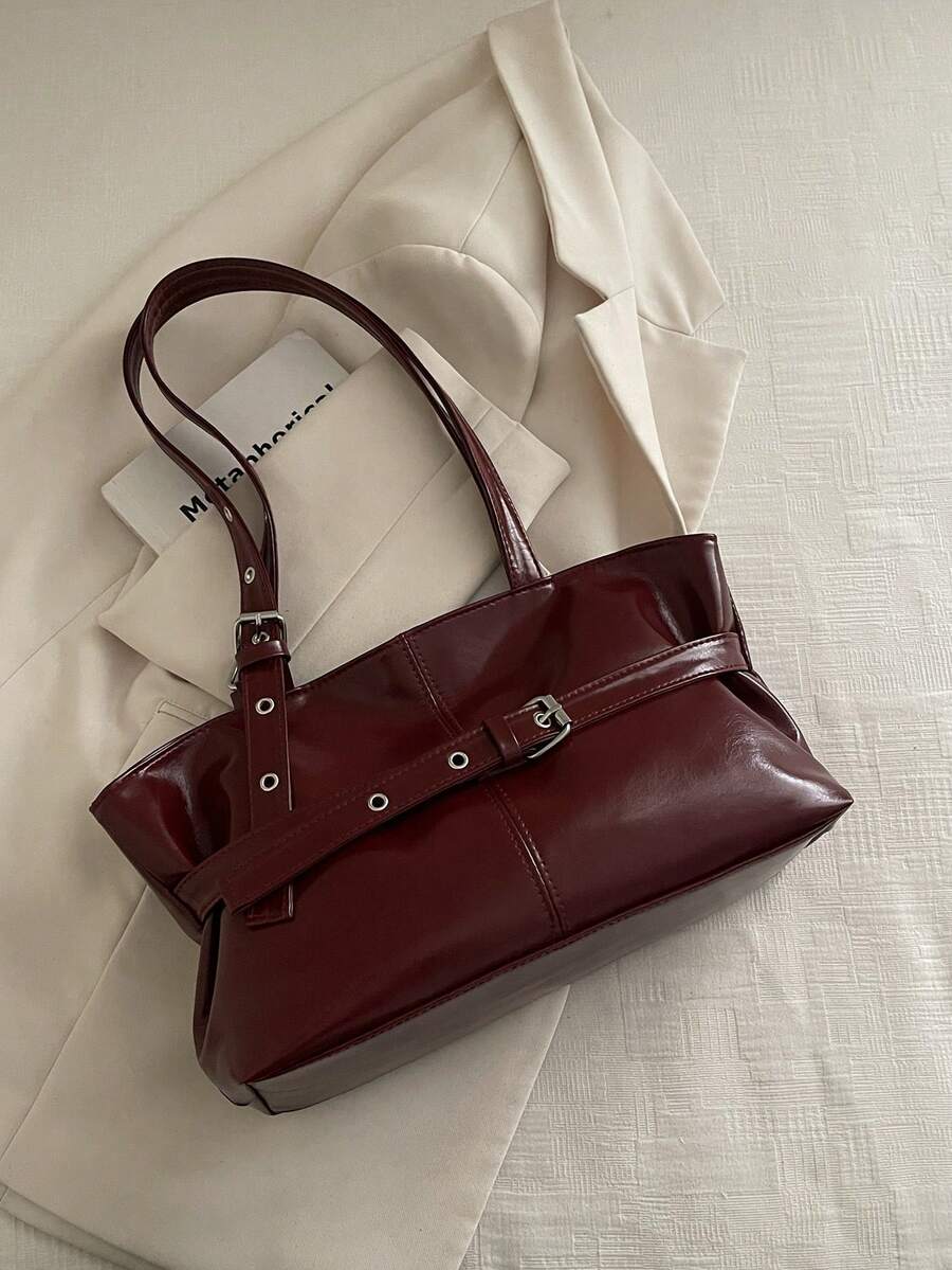 Burgundy Leather Shoulder Bag with Silver Buckle Strap