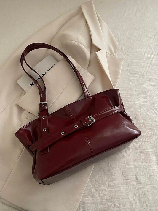 Burgundy Leather Shoulder Bag with Silver Buckle Strap