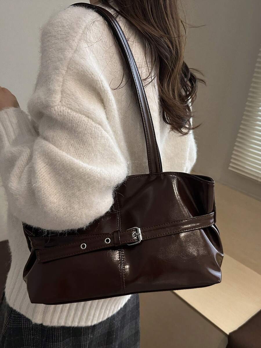 Burgundy Leather Shoulder Bag with Silver Buckle Strap