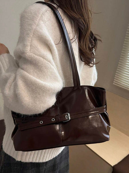 Burgundy Leather Shoulder Bag with Silver Buckle Strap