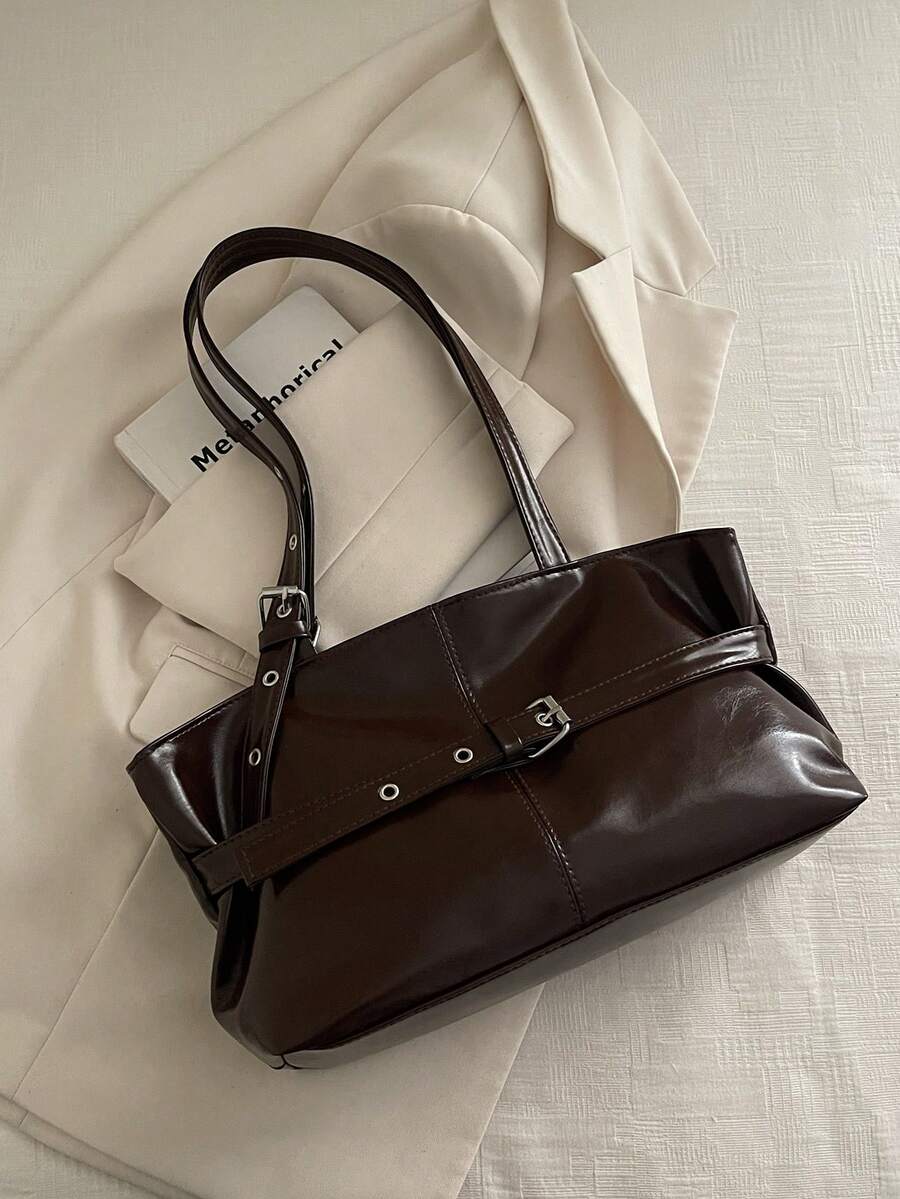 Burgundy Leather Shoulder Bag with Silver Buckle Strap