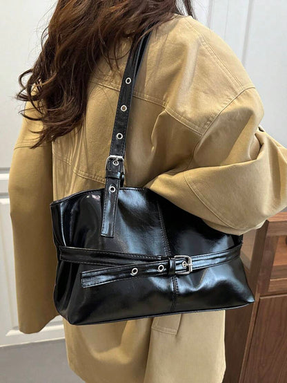 Burgundy Leather Shoulder Bag with Silver Buckle Strap