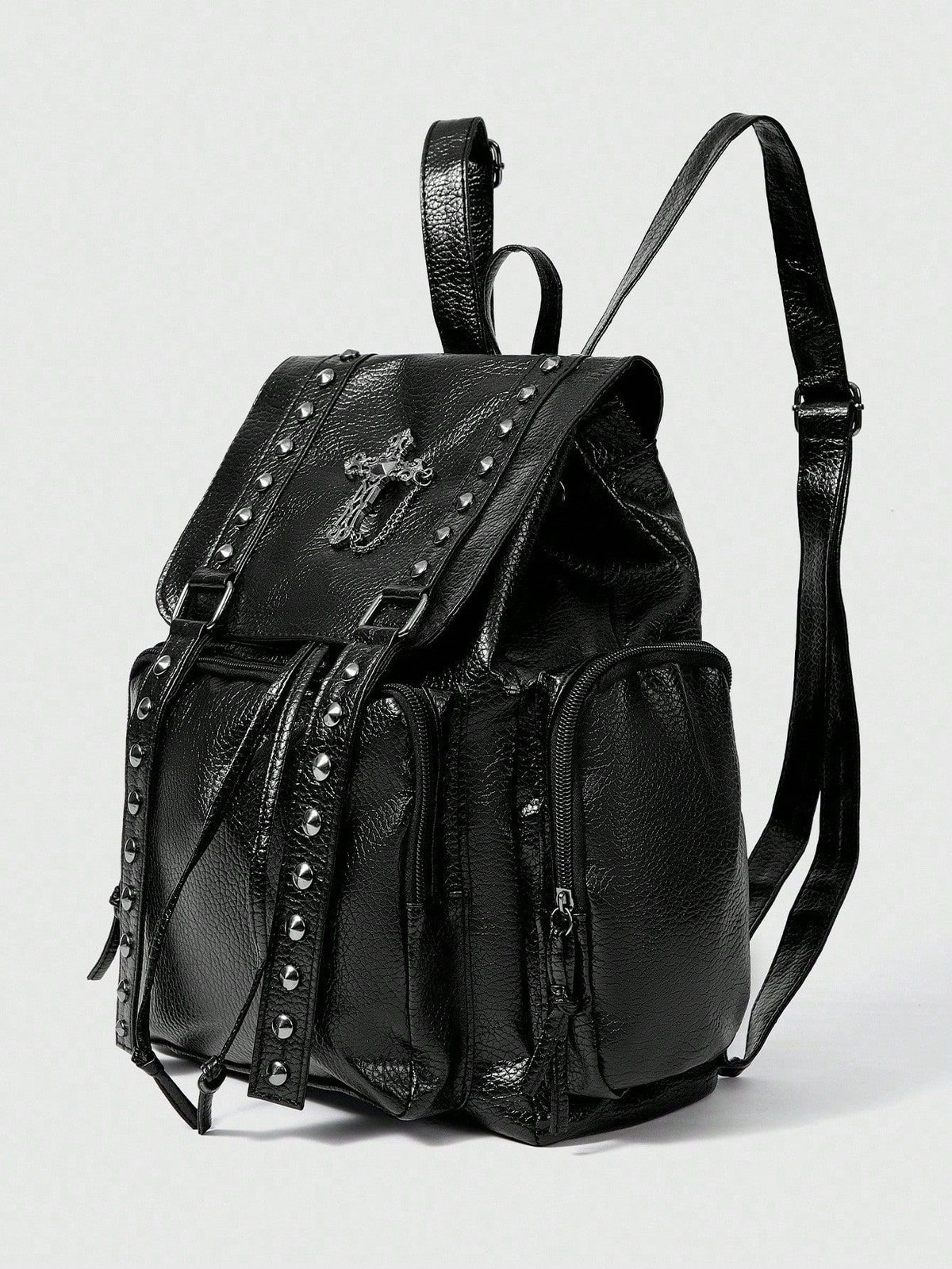 Black Leather Backpack with Studded Straps and Cross Detail