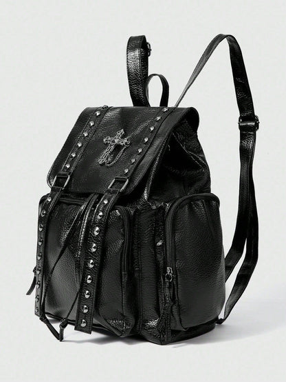 Black Leather Backpack with Studded Straps and Cross Detail