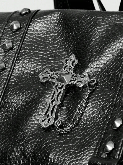 Black Leather Backpack with Studded Straps and Cross Detail