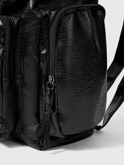 Black Leather Backpack with Studded Straps and Cross Detail