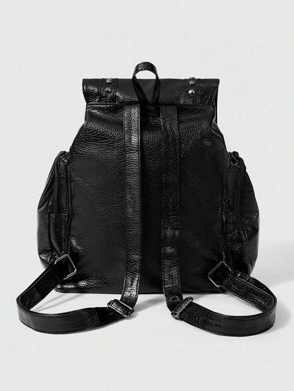 Black Leather Backpack with Studded Straps and Cross Detail
