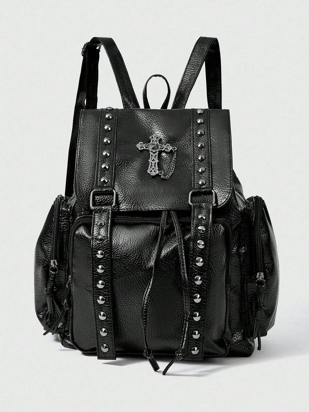 Black Leather Backpack with Studded Straps and Cross Detail